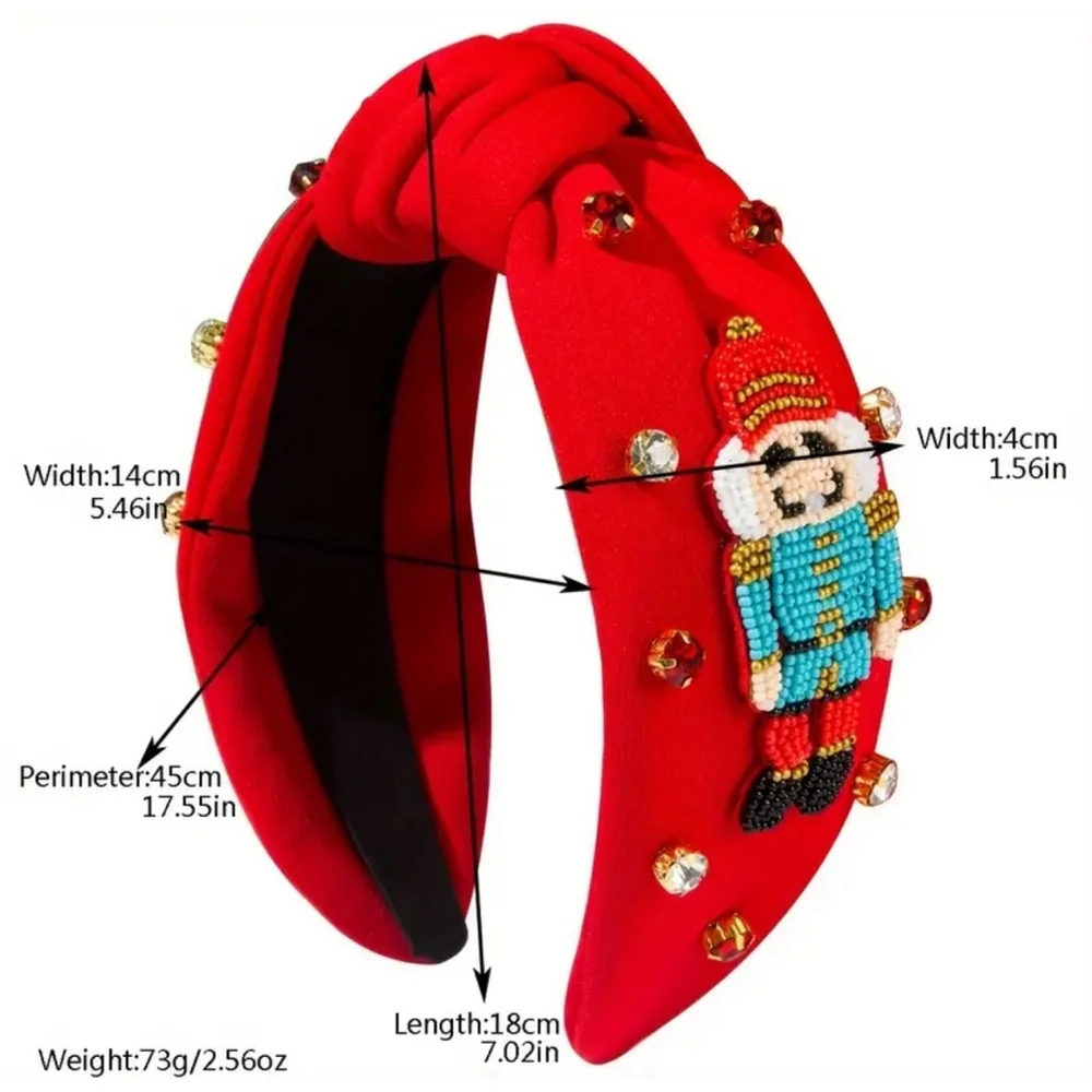 Beaded Nutcracker Red Christmas Top Knot Headband with Rhinestone Accents